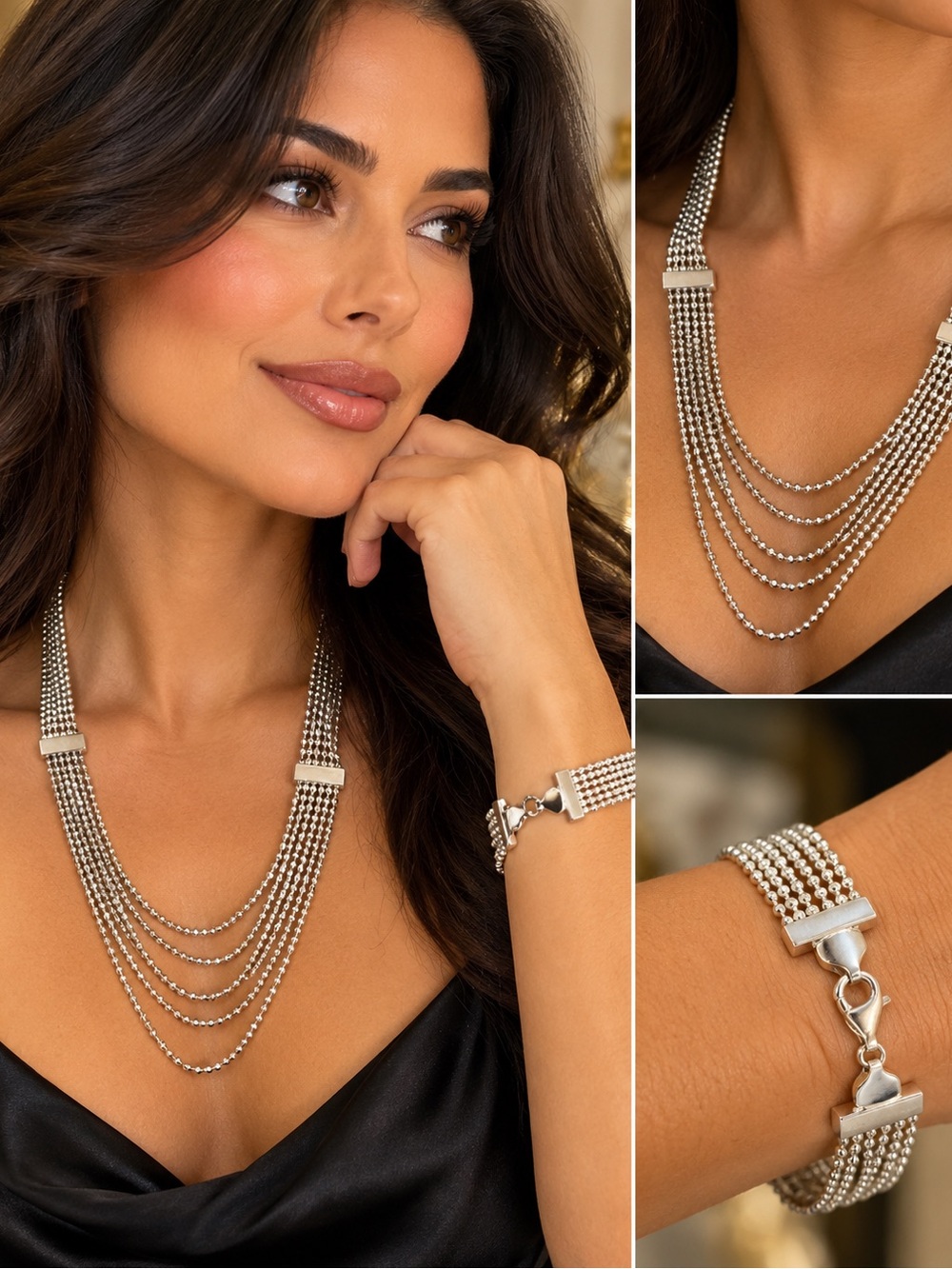 925 Sterling Silver Multi Strand Beaded Necklace & Bracelet Set